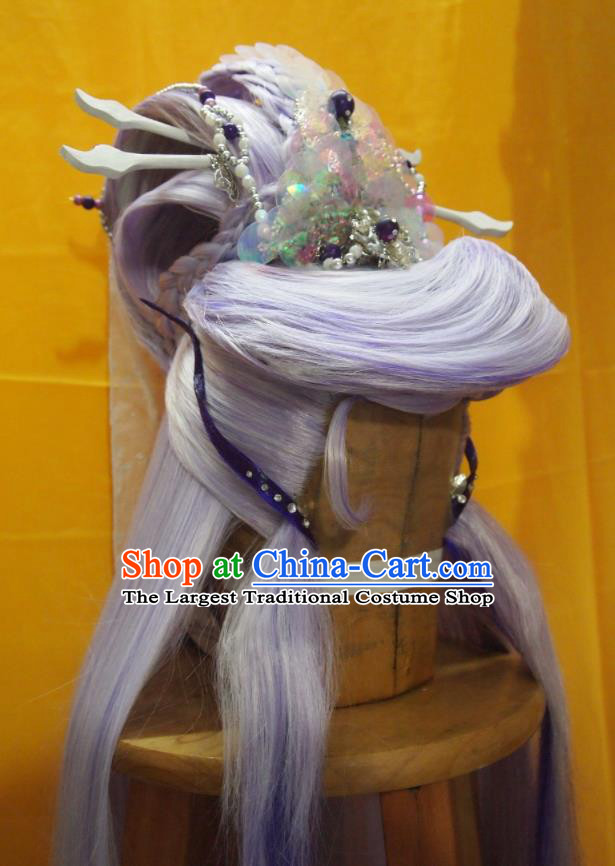 Chinese Handmade Cosplay King Headdress Traditional Puppet Show Patriarch Lilac Wigs Hairpieces Ancient Swordsman Periwig Hair Accessories