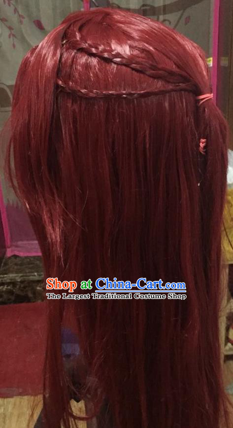 Chinese Traditional Puppet Show Rong Tian Red Wigs Hairpieces Ancient Young Hero Periwig Hair Accessories Handmade Cosplay Swordsman Headdress
