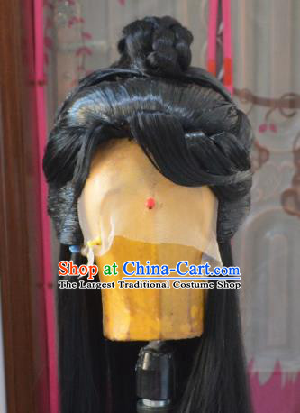Chinese Handmade Cosplay Swordsman Headdress Traditional Puppet Show Xie Fengdi Black Wigs Hairpieces Ancient Young Hero Periwig Hair Accessories
