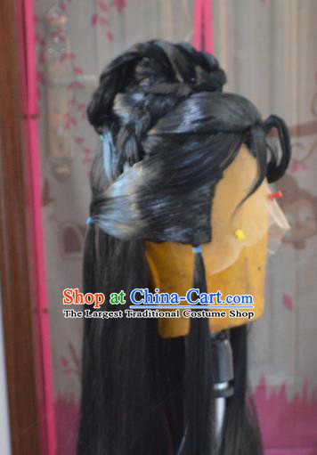 Chinese Handmade Cosplay Swordsman Headdress Traditional Puppet Show Xie Fengdi Black Wigs Hairpieces Ancient Young Hero Periwig Hair Accessories