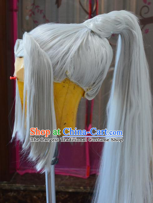 Chinese Ancient Swordsman Periwig Hair Accessories Handmade Cosplay Hero Headdress Traditional Game Role Gray Wigs Hairpieces