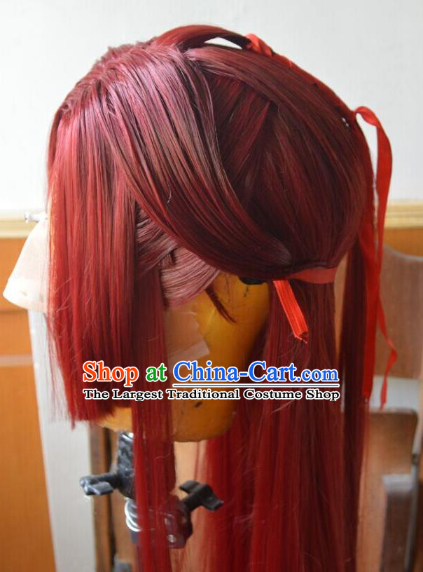 Chinese Traditional Puppet Show Red Wigs Hairpieces Ancient Chivalrous Male Periwig Hair Accessories Handmade Cosplay Swordsman Headdress