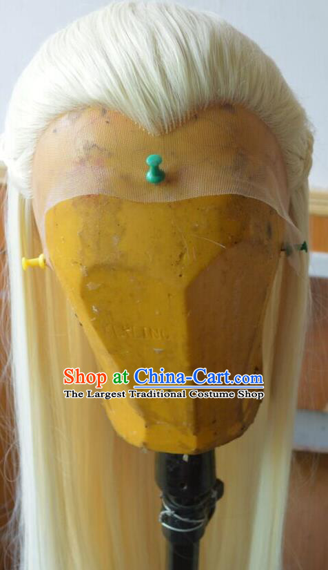 Chinese Traditional Puppet Show Prince Golden Wigs Hairpieces Ancient Young Knight Periwig Hair Accessories Handmade Cosplay Swordsman Headdress