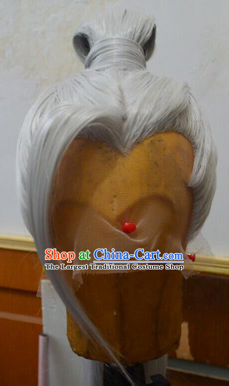 Chinese Ancient Taoist Priest Periwig Hair Accessories Handmade Cosplay Knight Headdress Traditional Chivalrous Male Gray Wigs Hairpieces