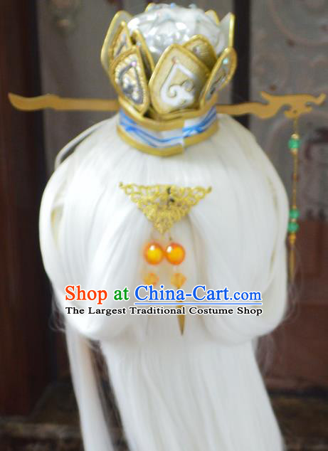 Chinese Traditional Puppet Show Emperor White Wigs Hairpieces Ancient Immortal Periwig Hair Accessories Handmade Cosplay Taoist Priest Headdress