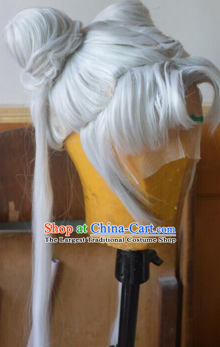 China Cosplay Moon Fairy Hairpieces Ancient Young Lady Gray Wigs Headdress Traditional Female Warrior Hair Accessories
