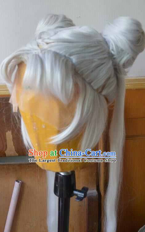 China Cosplay Moon Fairy Hairpieces Ancient Young Lady Gray Wigs Headdress Traditional Female Warrior Hair Accessories