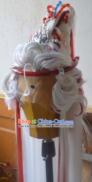 Chinese Ancient Young Hero Periwig Hair Accessories Handmade Cosplay Swordsman Headdress Traditional Puppet Show King White Wigs Hairpieces