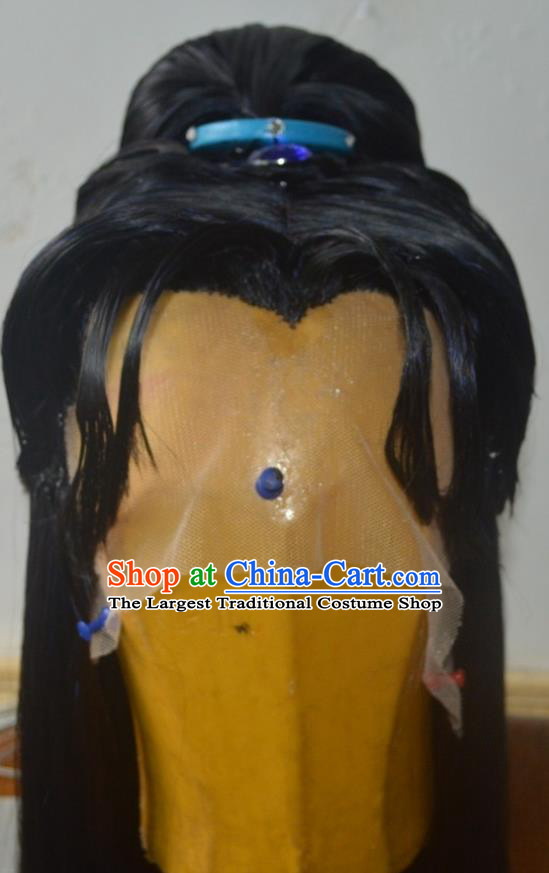 Chinese Traditional Puppet Show Young Hero Black Wigs Hairpieces Ancient Swordsman Periwig Hair Accessories Handmade Cosplay Chivalrous Male Headdress
