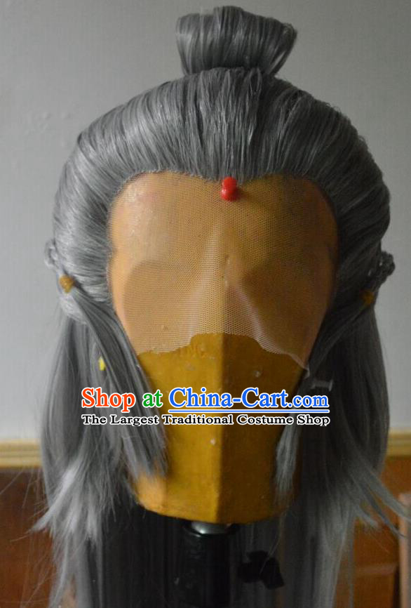 Chinese Handmade Cosplay Elderly Male Headdress Traditional Puppet Show Master Grey Wigs Hairpieces Ancient Swordsman Periwig Hair Accessories