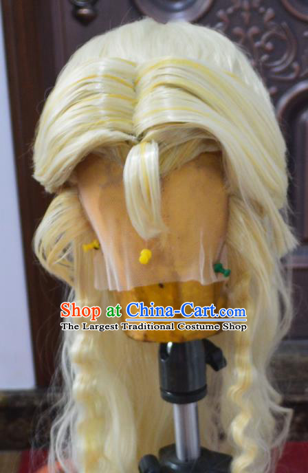Chinese Handmade Cosplay Young Knight Headdress Traditional Puppet Show Golden Wigs Hairpieces Ancient Hero Periwig Hair Accessories