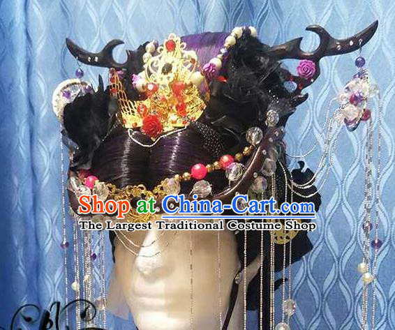 China Cosplay Swordswoman Hair Crown Ancient Goddess Hairpins Traditional Puppet Show Queen Hair Accessories