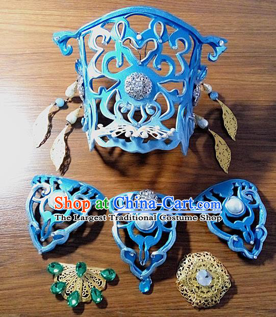 Chinese Ancient Young Childe Hair Accessories Handmade Cosplay Swordsman Headpieces Traditional Puppet Show Prince Blue Hairdo Crown