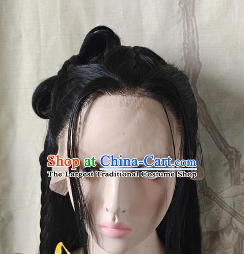 China Cosplay Female Knight Gu Xiang Front Lace Wigs Headwear Ancient Swordswoman Hairpieces Traditional Song Dynasty Young Lady Hair Accessories