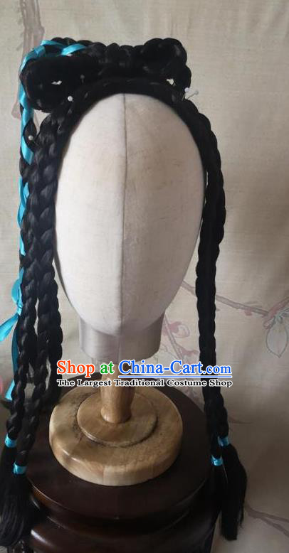 China Cosplay Swordswoman Huang Rong Braids Wigs Headwear Ancient Young Lady Hairpieces Traditional Song Dynasty Female Knight Hair Accessories