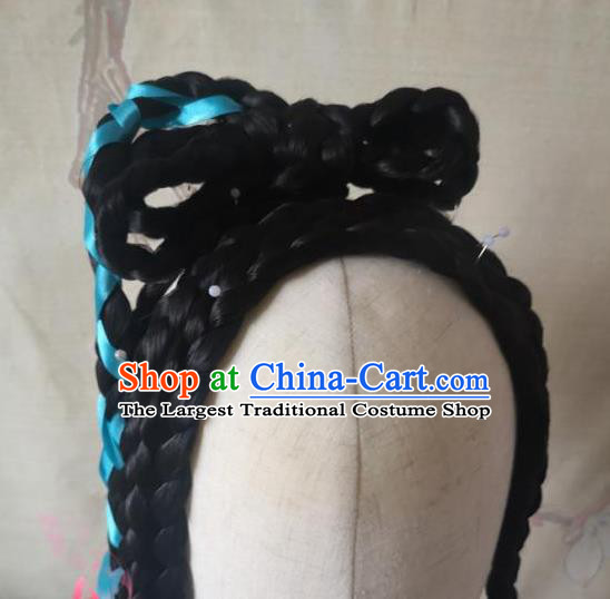 China Cosplay Swordswoman Huang Rong Braids Wigs Headwear Ancient Young Lady Hairpieces Traditional Song Dynasty Female Knight Hair Accessories