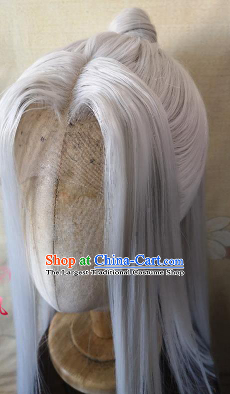 Chinese Traditional Hanfu Handmade Gray Front Lace Wigs Headdress Ancient Noble Childe Hair Accessories Cosplay Swordsman Hairpieces