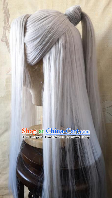 Chinese Traditional Hanfu Handmade Gray Front Lace Wigs Headdress Ancient Noble Childe Hair Accessories Cosplay Swordsman Hairpieces