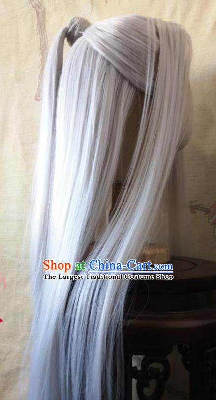 Chinese Traditional Hanfu Handmade Gray Front Lace Wigs Headdress Ancient Noble Childe Hair Accessories Cosplay Swordsman Hairpieces