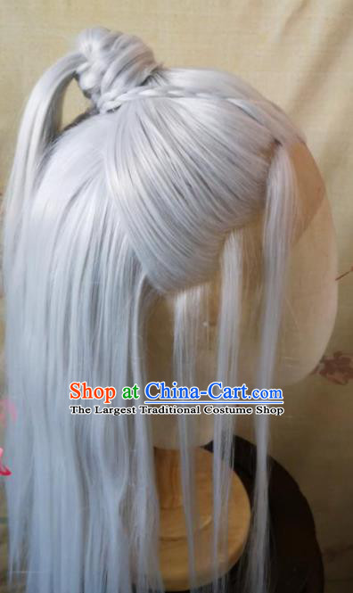 Chinese Cosplay Swordsman Hairpieces Traditional Hanfu Handmade White Front Lace Wigs Headdress Ancient Taoist Priest Hair Accessories