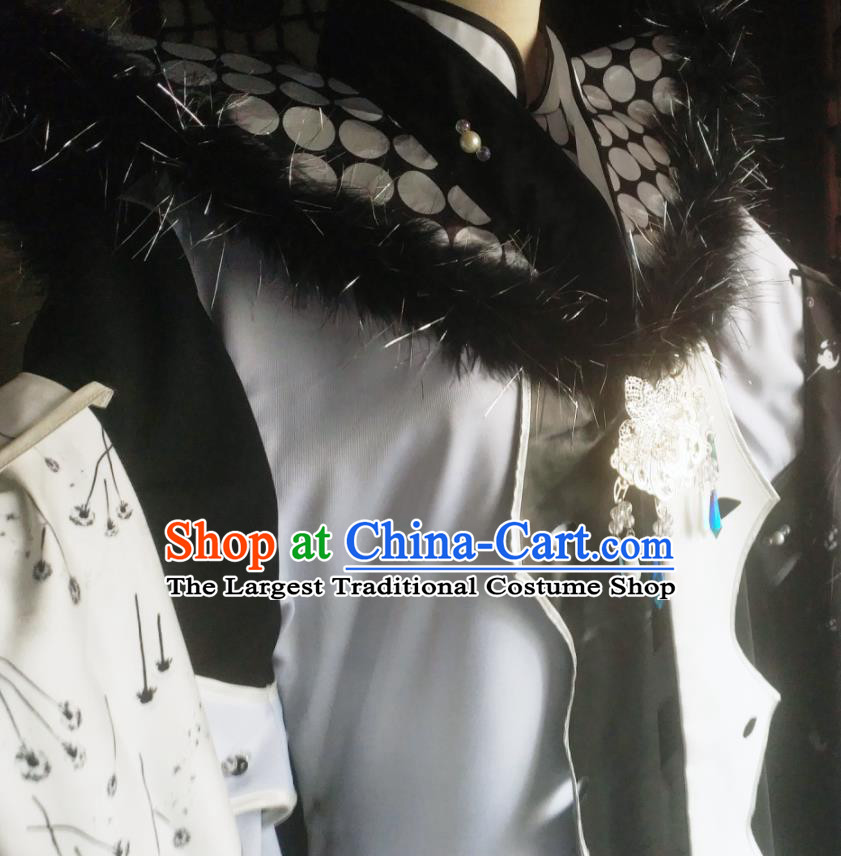 China Cosplay Swordsman Apparels Ancient Royal Highness White Robe Clothing Traditional Puppet Show Nangong Hen Garment Costumes