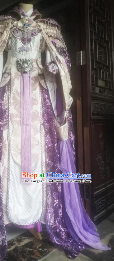 China Ancient Royal Highness Violet Robe Clothing Traditional Puppet Show King Garment Costumes Cosplay Swordsman Apparels