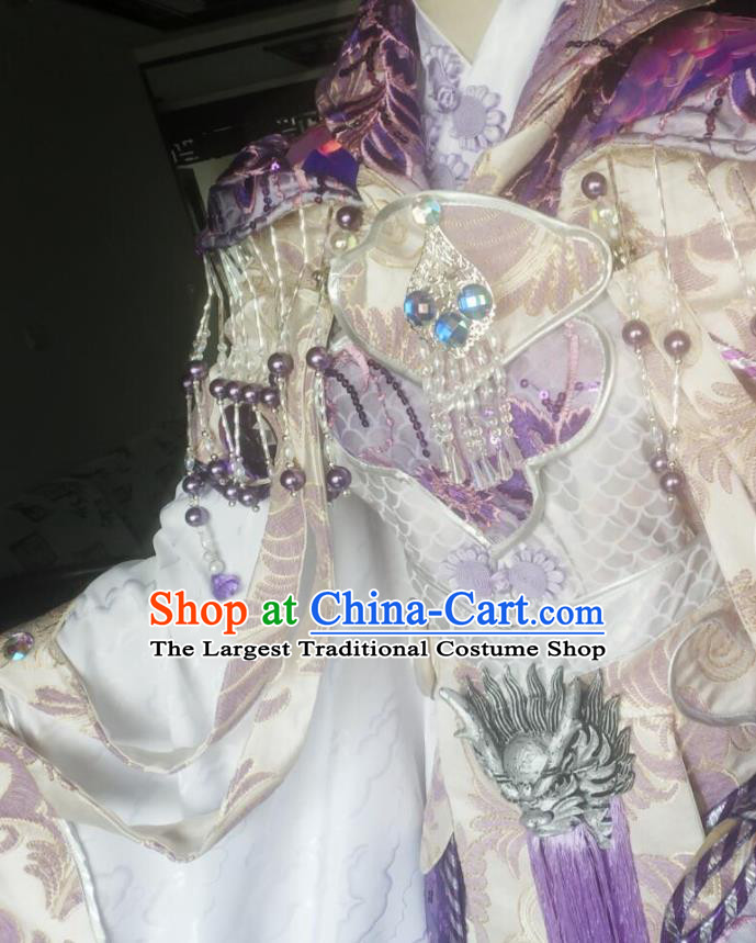 China Ancient Royal Highness Violet Robe Clothing Traditional Puppet Show King Garment Costumes Cosplay Swordsman Apparels
