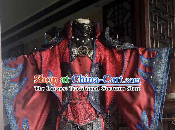 China Cosplay Swordsman King Apparels Ancient Royal Highness Red Robe Clothing Traditional Puppet Show Emperor Garment Costumes