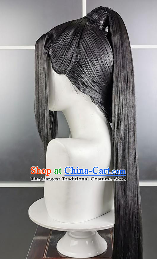 Chinese Traditional Handmade Black Front Lace Wigs Headdress Ancient Swordsman Hair Accessories Cosplay Chivalrous Male Hairpieces