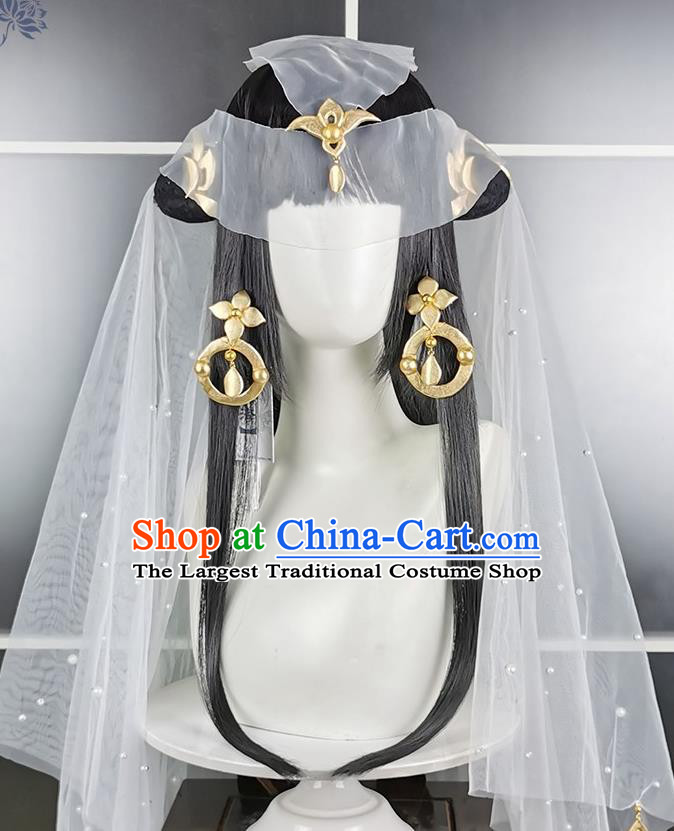 China Traditional Game Role Fairy Princess Hair Accessories Cosplay Imperial Consort Black Wigs and Hair Crown Headwear Ancient Young Beauty Hairpieces
