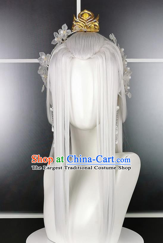 China Ancient Young Beauty Hairpieces Traditional Game Role Swordswoman Hair Accessories Cosplay Female Knight White Wigs and Hair Crown Headwear