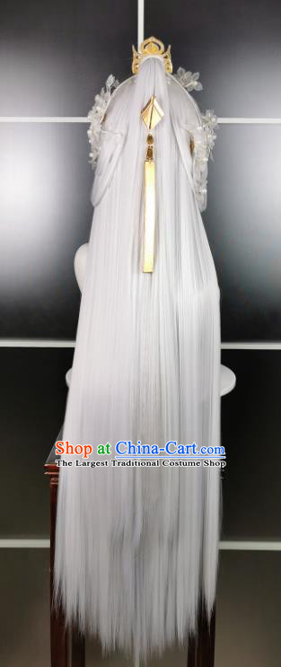 China Ancient Young Beauty Hairpieces Traditional Game Role Swordswoman Hair Accessories Cosplay Female Knight White Wigs and Hair Crown Headwear