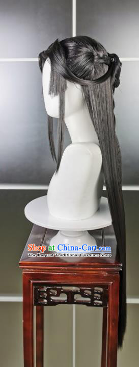 China Cosplay Penglai Princess Black Wigs Headwear Ancient Young Lady Hairpieces Traditional Hanfu Swordswoman Hair Accessories
