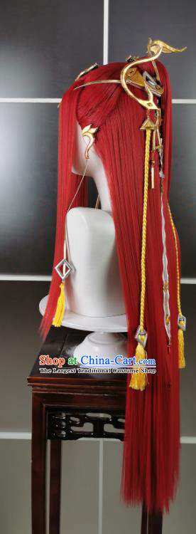 Chinese Traditional JX Online Childe Red Wigs and Hairdo Crown Headdress Ancient Prince Hair Accessories Cosplay Swordsman Hairpieces