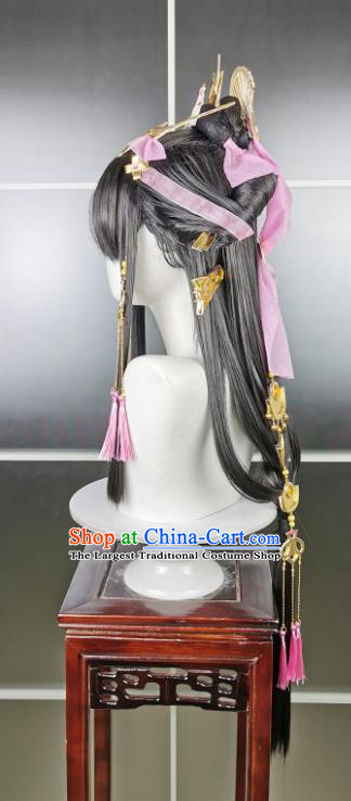 China Cosplay Goddess Black Wigs and Hair Crown Headwear Ancient Young Beauty Hairpieces Traditional Game Role Princess Hair Accessories
