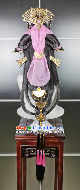 China Cosplay Goddess Black Wigs and Hair Crown Headwear Ancient Young Beauty Hairpieces Traditional Game Role Princess Hair Accessories