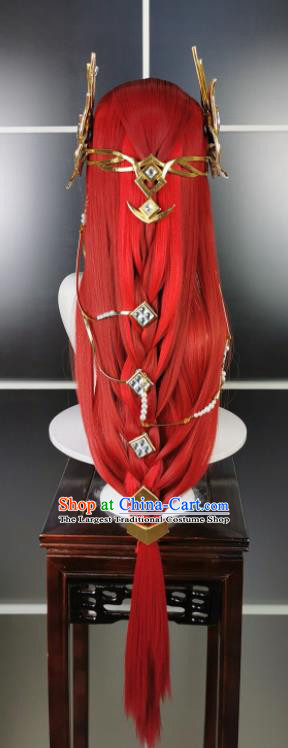 Chinese Ancient Swordsman Hair Accessories Cosplay Young Knight Hairpieces Traditional JX Online Hero Red Wigs Headdress