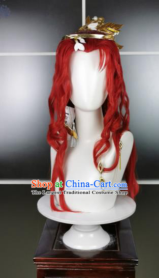 China Traditional Game Role Princess Hair Accessories Cosplay Swordswoman Red Wigs and Hair Crown Headwear Ancient Young Beauty Hairpieces