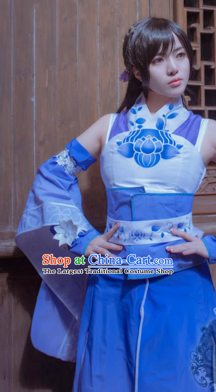 Custom Chinese Cosplay Goddess Garment Costumes Moonlight Blade Mu Qing Blue Dress Outfits Ancient Swordswoman Clothing