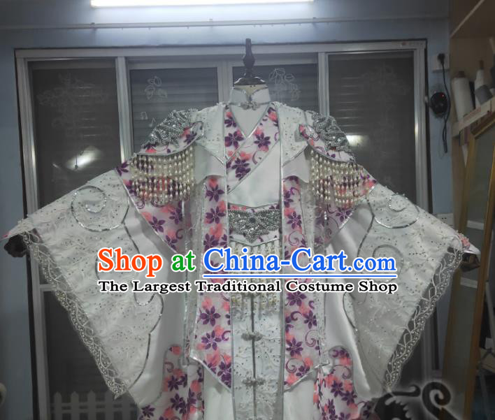 China Traditional Puppet Show Emperor Garment Costumes Cosplay Swordsman White Apparels Ancient Royal King Clothing
