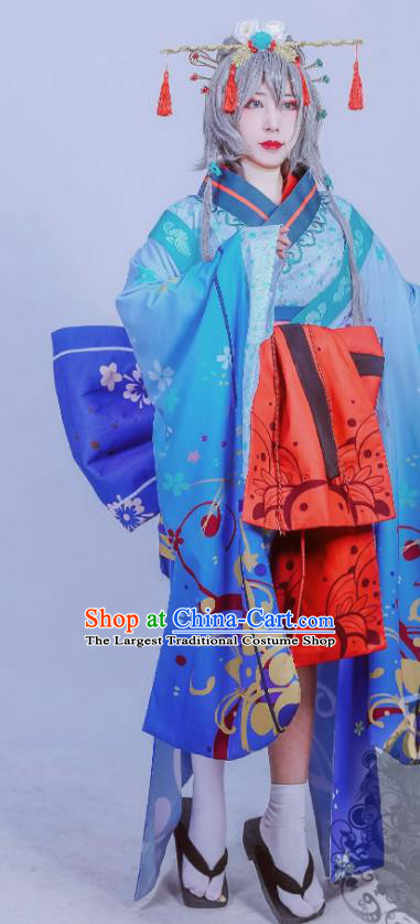 Top Cosplay Blue Kimono Dress Clothing Halloween Fancy Ball Garment Costume Cartoon Magic Queen Clothing