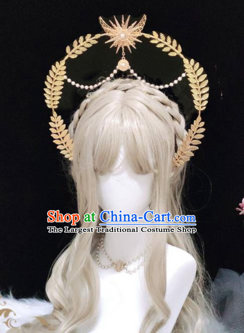 Handmade Baroque Queen Tiara Headdress Cosplay Angel Golden Royal Crown Retro Goddess Hair Accessories