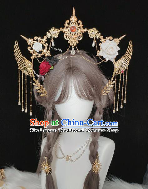 Handmade Baroque Queen Aureole Headdress Cosplay Angel Golden Tassel Royal Crown Retro Wedding Hair Accessories