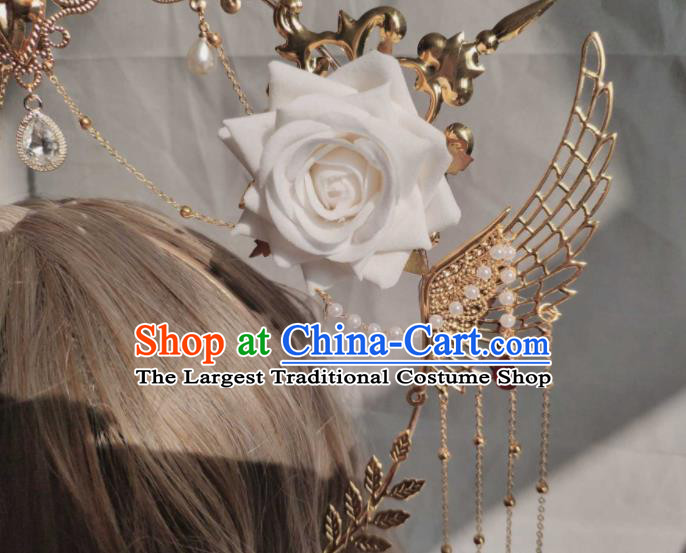 Handmade Baroque Queen Aureole Headdress Cosplay Angel Golden Tassel Royal Crown Retro Wedding Hair Accessories