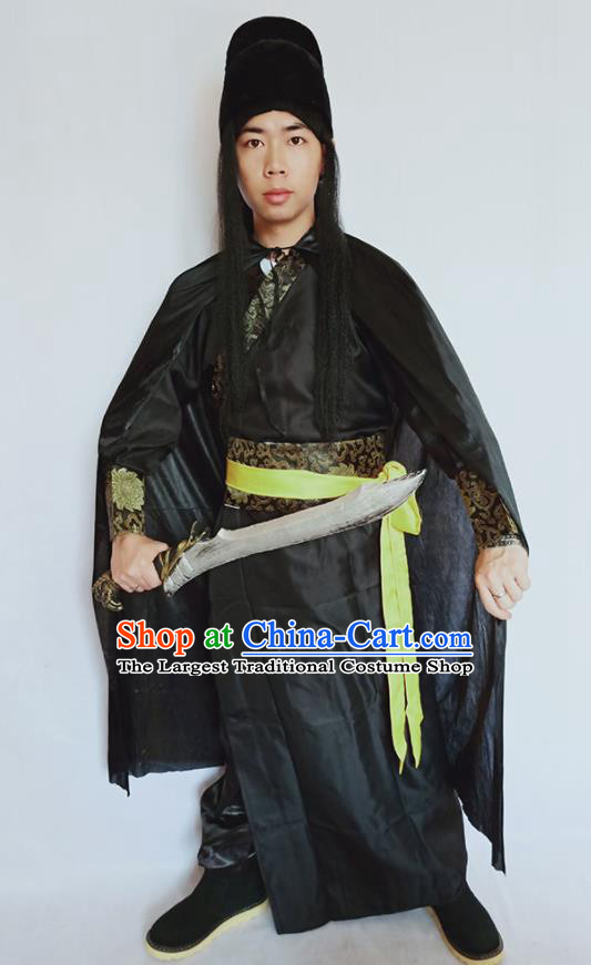 Top China Ming Dynasty Knight Garment Costumes Ancient Swordsman Black Robe Apparels Cosplay Imperial Bodyguard Clothing and Hat