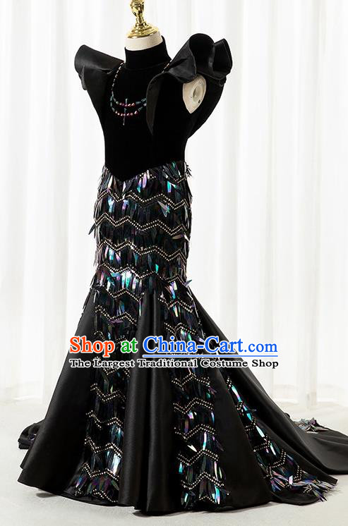 Custom Girl Stage Show Fashion Children Catwalks Clothing Princess Black Fishtail Full Dress Compere Garment Costumes