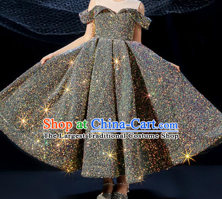 Custom Compere Garment Costumes Girl Stage Show Fashion Children Catwalks Clothing Princess Grey Full Dress