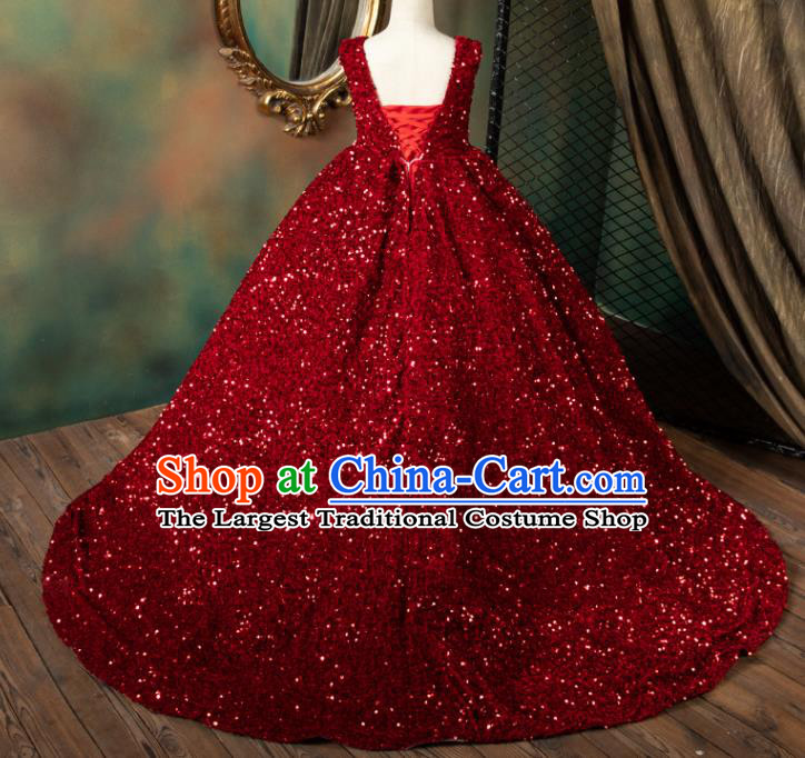 Custom Princess Wine Red Trailing Full Dress Compere Garment Costumes Girl Stage Show Fashion Children Catwalks Clothing