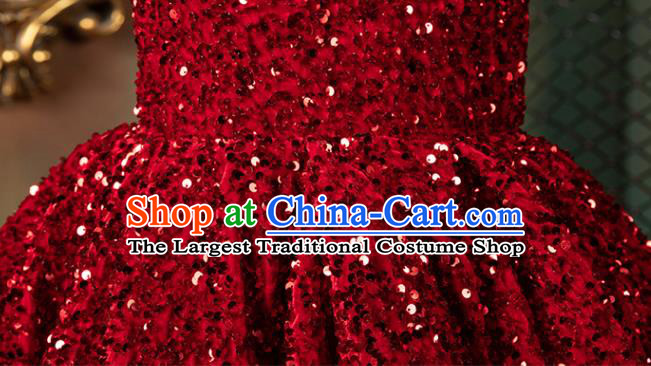 Custom Princess Wine Red Trailing Full Dress Compere Garment Costumes Girl Stage Show Fashion Children Catwalks Clothing