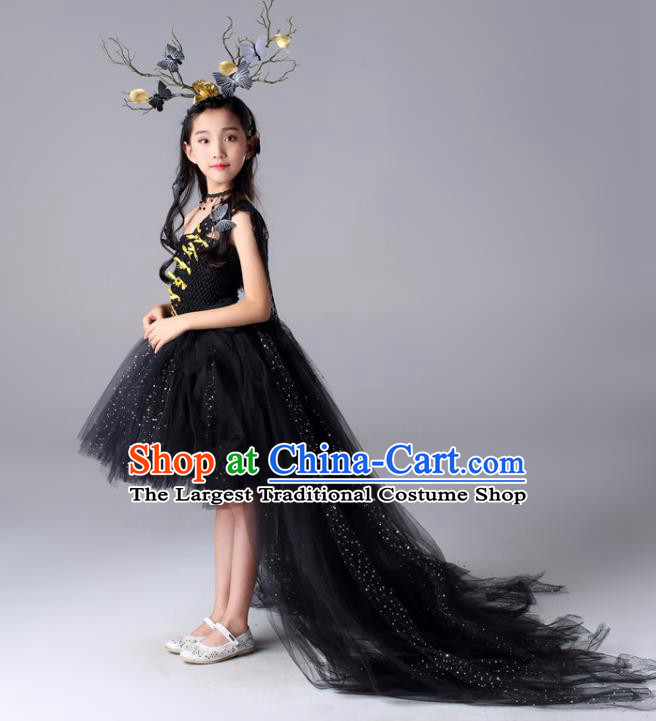 Custom Stage Show Fashion Children Catwalks Clothing Girl Black Veil Bubble Dress Compere Garment Costumes